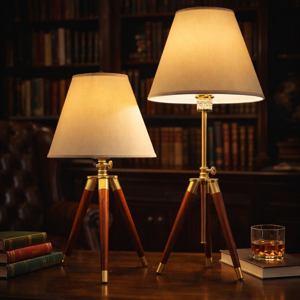 Ralph Lauren Tripod Table Lamp Set Brass Wood Mid Century Irwin Nautical Decor